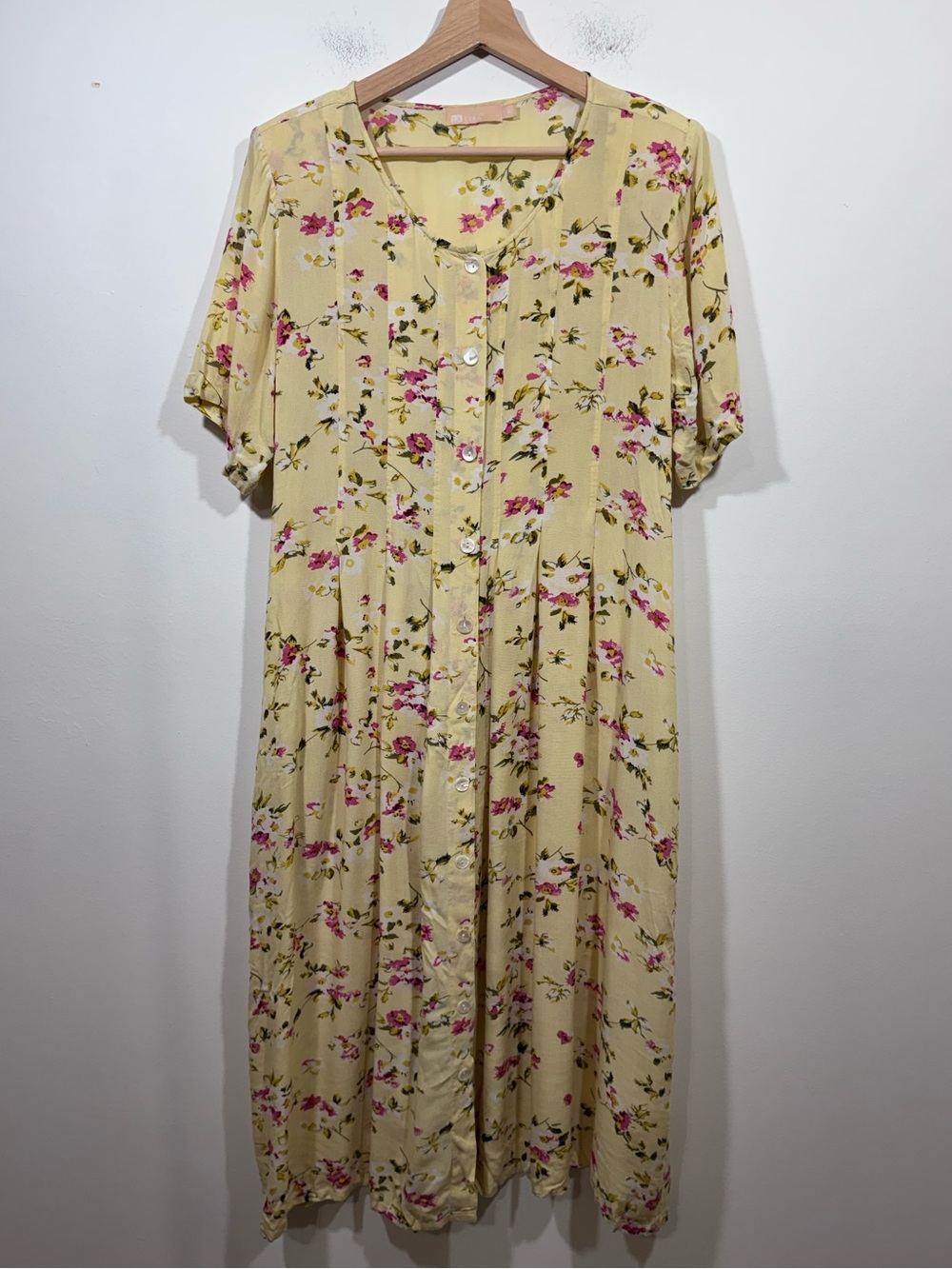 La Cera Button Front Dress Womens Large Yellow Floral Pleated Cottagecore